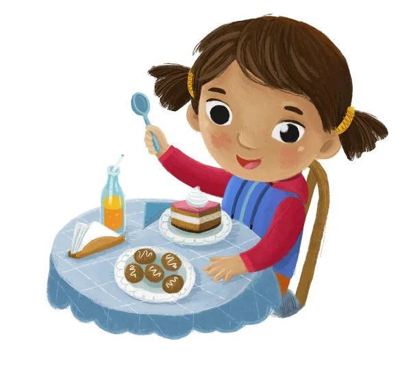 Cartoon Scene Girl Eating Tasty Dessert Illustration Children — Stock Photo, Image