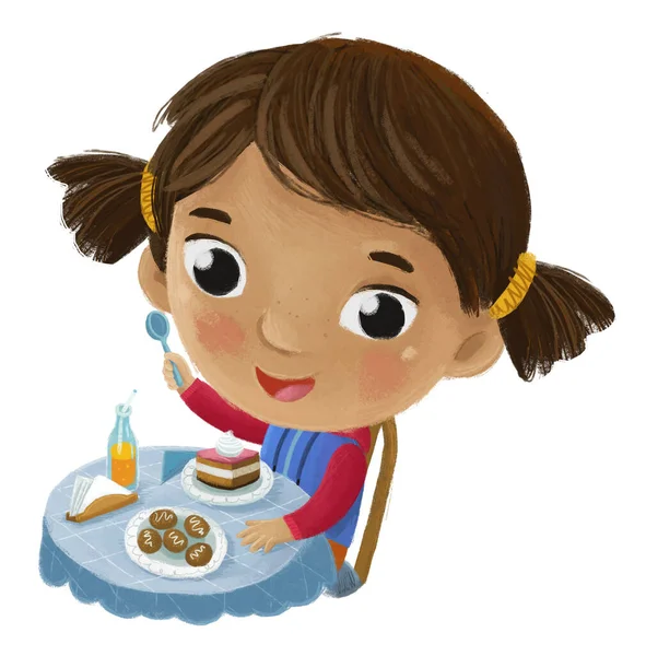 Cena Dos Desenhos Animados Com Menina Comendo Saborosa Sobremesa Ilustração — Fotografia de Stock