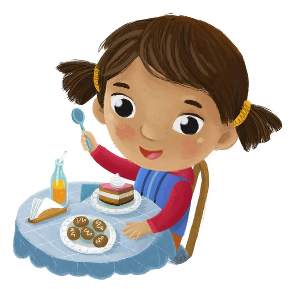 Σκηνή Κινουμένων Σχεδίων Κορίτσι Τρώει Νόστιμο Επιδόρπιο Εικονογράφηση Για Παιδιά — Φωτογραφία Αρχείου