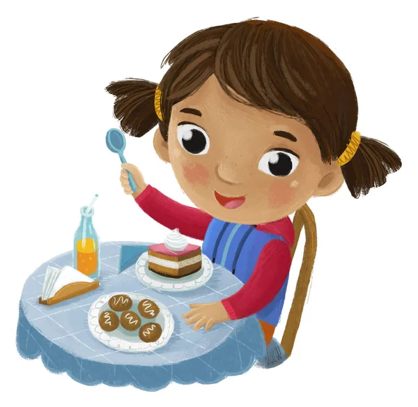 Scène Dessin Animé Avec Fille Manger Savoureux Dessert Illustration Pour — Photo