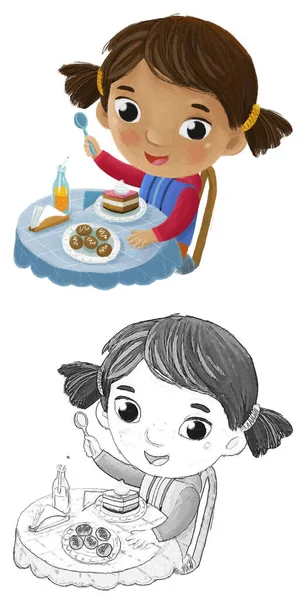 Escena Dibujos Animados Con Chica Comiendo Sabroso Postre Ilustración Para —  Fotos de Stock