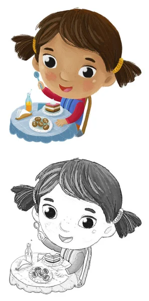 Cena Dos Desenhos Animados Com Menina Comendo Saborosa Sobremesa Ilustração — Fotografia de Stock
