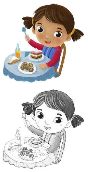 Escena Dibujos Animados Con Chica Comiendo Sabroso Postre Ilustración Para —  Fotos de Stock