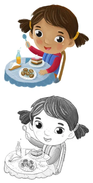 Cartoon Scene Girl Eating Tasty Dessert Illustration Children — Stock Photo, Image
