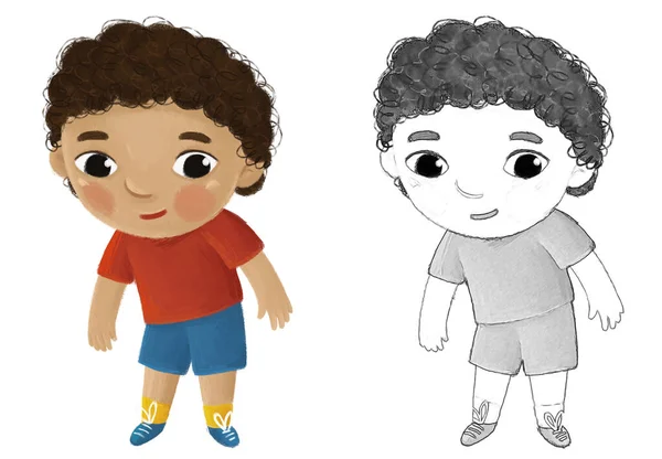 Desenho Animado Criança Menino Decolando Vestindo Roupas Por Ele Auto — Fotografia de Stock