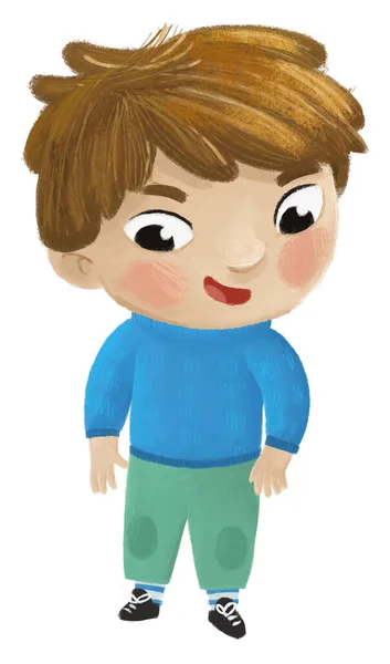 Καρτούν Χαρούμενο Παιδί Αγόρι Ντυμένος Για Φθινόπωρο Την Άνοιξη Χειμώνα — Φωτογραφία Αρχείου