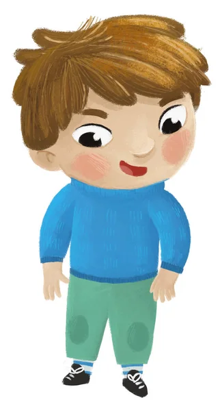 Καρτούν Χαρούμενο Παιδί Αγόρι Ντυμένος Για Φθινόπωρο Την Άνοιξη Χειμώνα — Φωτογραφία Αρχείου