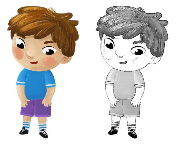 Desenho Animado Criança Garoto Menino Decolando Vestindo Roupas Por Ele — Fotografia de Stock
