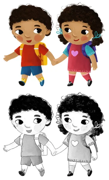 Dibujos Animados Niño Niño Niña Alumnos Que Van Escuela Aprendizaje —  Fotos de Stock