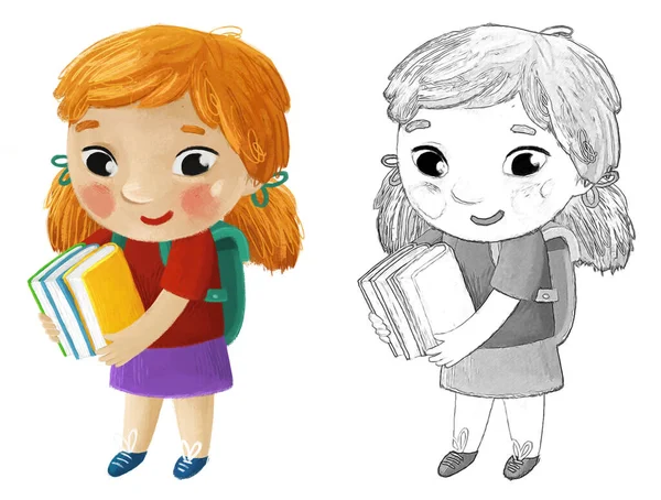Cartone Animato Bambino Ragazza Pupilla Andando Scuola Apprendimento Infanzia Illustrazione — Foto Stock