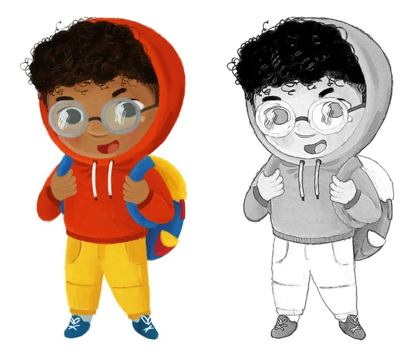 Desenhos Animados Criança Menino Aluno Indo Para Escola Aprendendo Ilustração — Fotografia de Stock