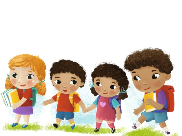 Cartoon Scene Met Schoolkinderen Leerlingen Samen Hebben Plezier Leren Witte — Stockfoto