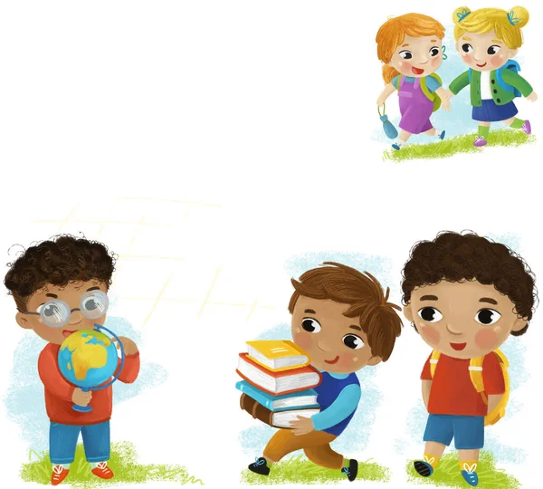 Cartoon Szene Mit Schülern Die Gemeinsam Spaß Lernen Auf Weißem — Stockfoto