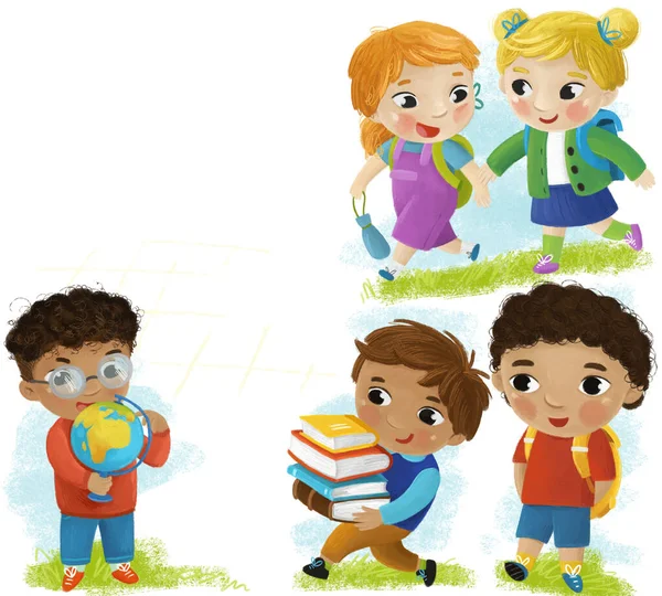 Kreslená Scéna Školními Dětmi Žáci Spolu Baví Učení Bílém Pozadí — Stock fotografie