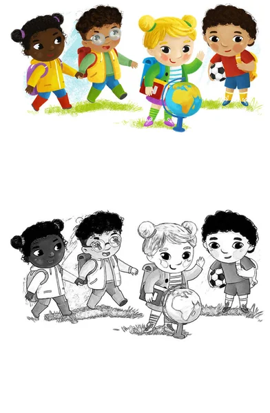 cartoon scene with school kids pupils together having fun learning on white background illustration for kids