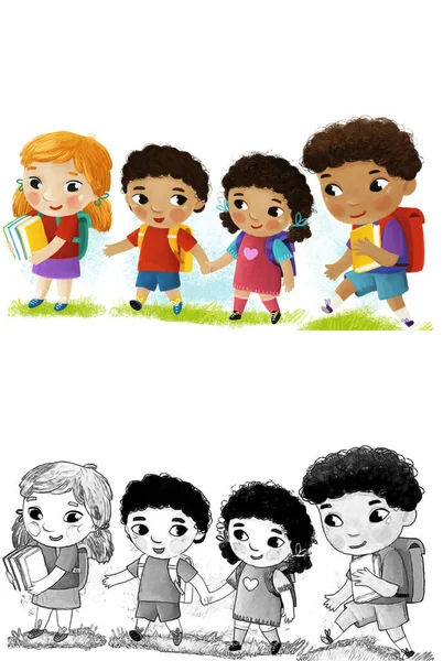 cartoon scene with school kids pupils together having fun learning on white background illustration for kids