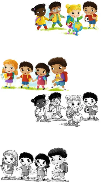 Cena Dos Desenhos Animados Com Alunos Crianças Escola Juntos Divertindo — Fotografia de Stock