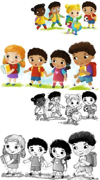 Kreskówka Scena Uczniami Dzieci Razem Mając Zabawy Nauka Białym Tle — Zdjęcie stockowe