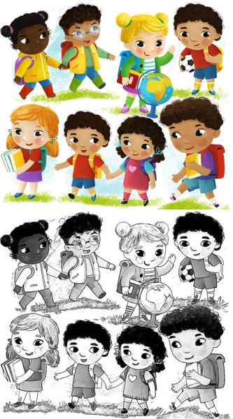 Kreslená Scéna Školními Dětmi Žáci Spolu Baví Učení Bílém Pozadí — Stock fotografie