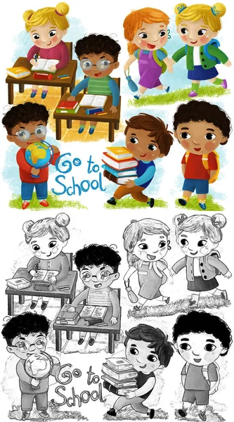 Cena Dos Desenhos Animados Com Alunos Crianças Escola Juntos Divertindo — Fotografia de Stock