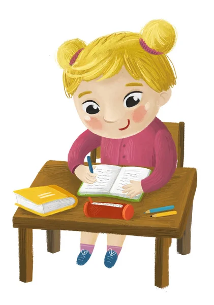 Dibujos Animados Niño Niña Alumna Escuela Aprendizaje Lectura Por Escritorio — Foto de Stock