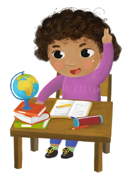 卡通儿童女学生上学在书桌边读书 书桌上画有全球儿童图解 — 图库照片