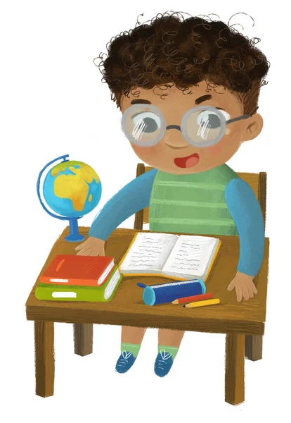 Desenho Animado Criança Menino Aluno Indo Para Escola Aprendizagem Leitura — Fotografia de Stock