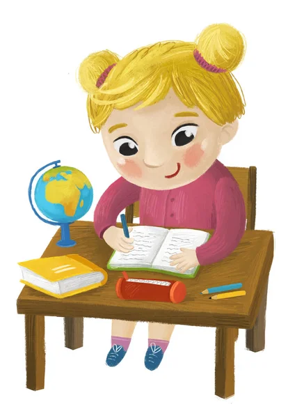Kreskówka Dziecko Uczennica Idzie Szkoły Nauka Czytania Przy Biurku Globu — Zdjęcie stockowe