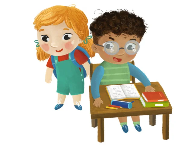 漫画子供の女の子と男の子の生徒学校の机に座って読書子供のための子供のためのイラスト — ストック写真