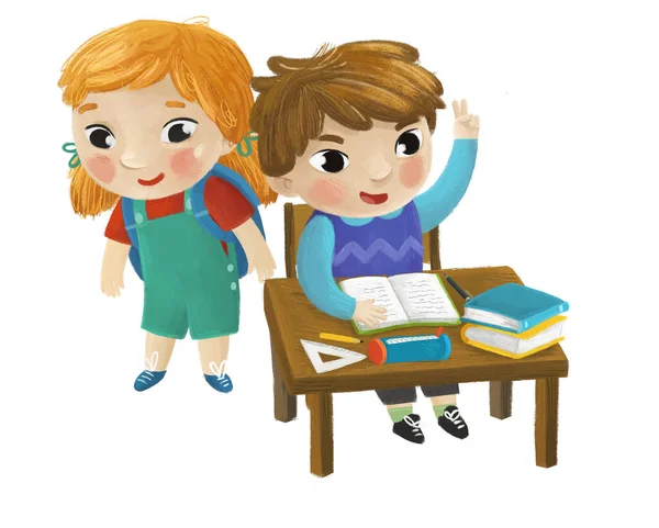 Desenho Animado Criança Menina Menino Aluno Sentado Mesa Escola Aprendizagem — Fotografia de Stock