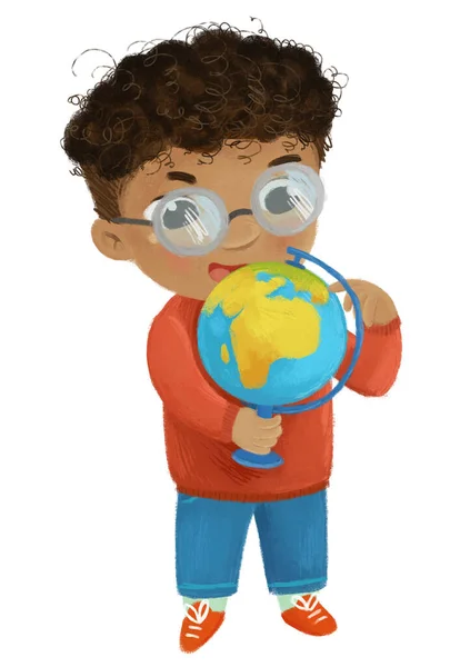 卡通人物 男童上学时带着全球学习儿童图解 — 图库照片