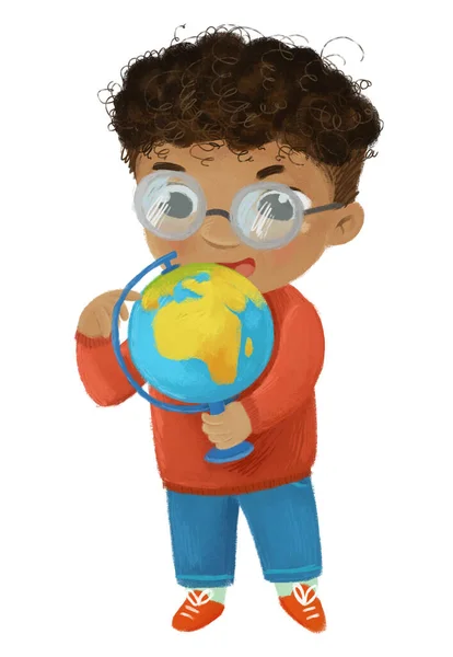 Cartoon Kind Jongen Jongen Leerling Gaan Naar School Met Globe — Stockfoto