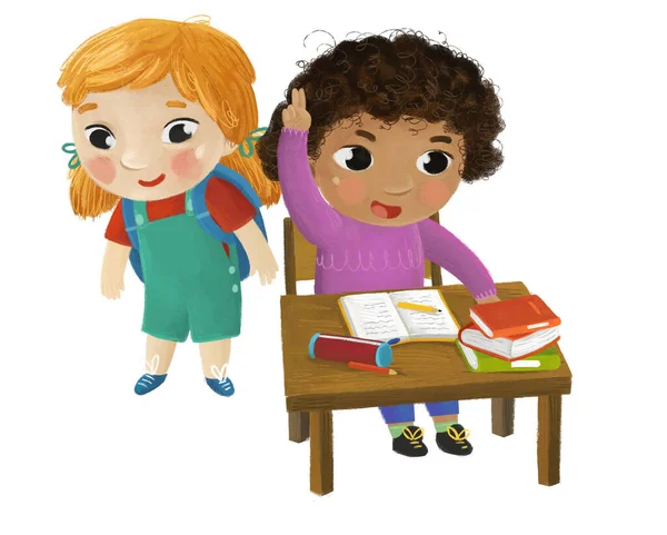 Dibujos Animados Niños Niñas Alumno Sentado Escritorio Escuela Aprendizaje Lectura —  Fotos de Stock