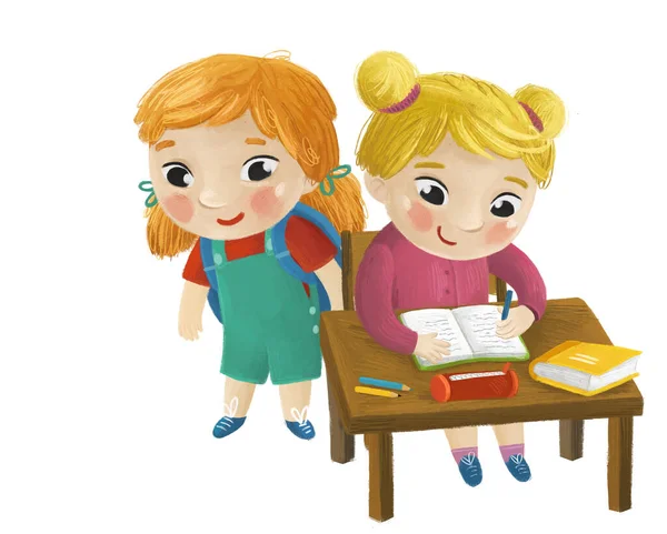 Tecknad Barn Barn Flickor Elev Sitter Skolan Skrivbord Lärande Läsning — Stockfoto