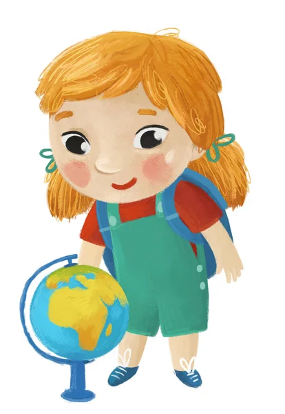 Kreslené Dítě Dítě Dívka Žák Jít Školy Učení Globem Dětství — Stock fotografie
