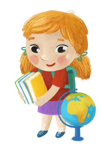 漫画の子供の女の子の生徒は子供のための地球の子供時代のイラストで学校に行く — ストック写真