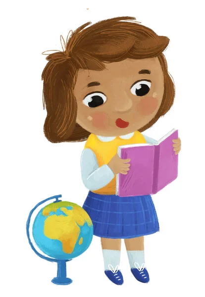 Cartoon Child Kid Girl Pupil Going School Learning Globe Childhood — Stock Photo, Image