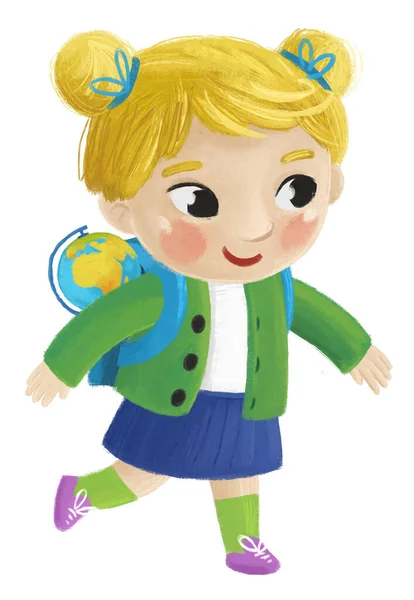 cartoon child kid girl pupil going to school learning with globe childhood illustration for children