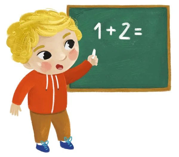 Desenho Animado Criança Menino Aluno Indo Para Escola Aprendizagem Resolver — Fotografia de Stock