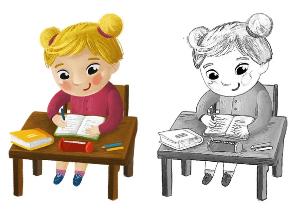 漫画の子供の女の子の生徒は子供のための机の子供時代のイラストによる学校の読書に行く — ストック写真