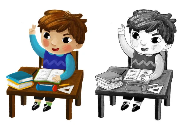 Cartoon Child Kid Boy Pupil Going School Learning Reading Desk — Stock Photo, Image