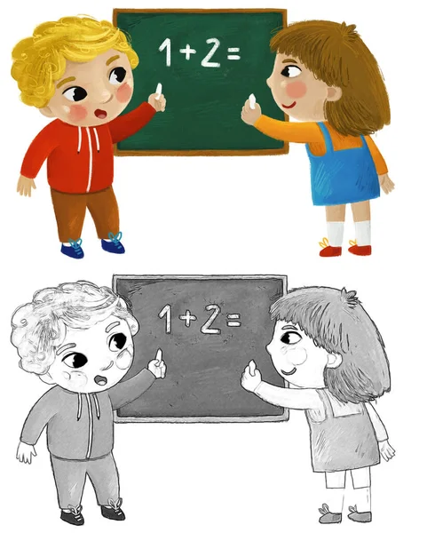 漫画の子供の男の子と女の子の生徒は 子供のための黒板の子供時代のイラストの課題を解決する学校に行く — ストック写真