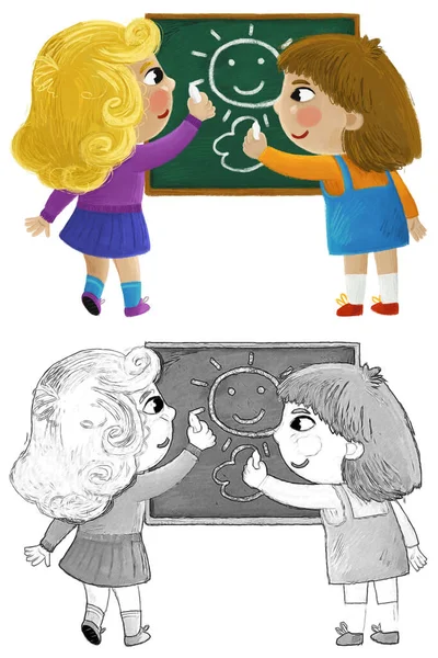 Desenhos Animados Criança Crianças Meninas Alunos Indo Para Escola Tarefas — Fotografia de Stock