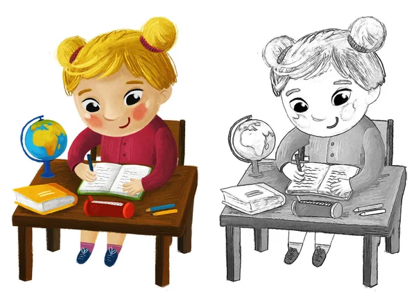 Bambino Dei Cartoni Animati Ragazza Pupilla Andare Scuola Imparare Leggere — Foto Stock