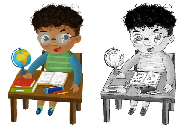 漫画の子供の男の子の生徒は子供のための子供のための地球の子供時代のイラストと机で読書に行く — ストック写真