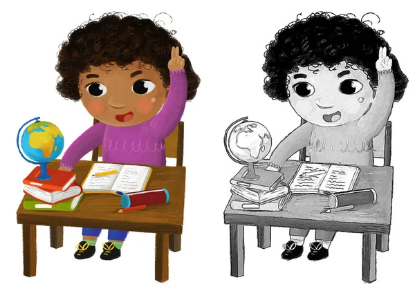 Dibujos Animados Niño Niña Alumna Escuela Aprendizaje Lectura Por Escritorio —  Fotos de Stock