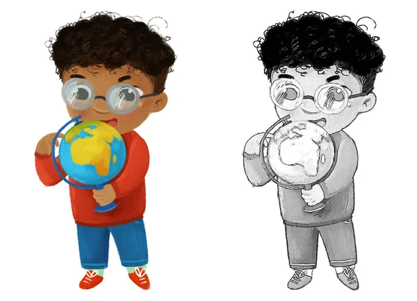 Dibujos Animados Niño Niño Alumno Escuela Con Globo Aprendizaje Ilustración —  Fotos de Stock
