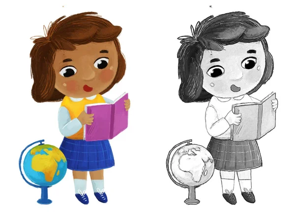 Cartoon Child Kid Girl Pupil Going School Learning Globe Childhood — Stock Photo, Image