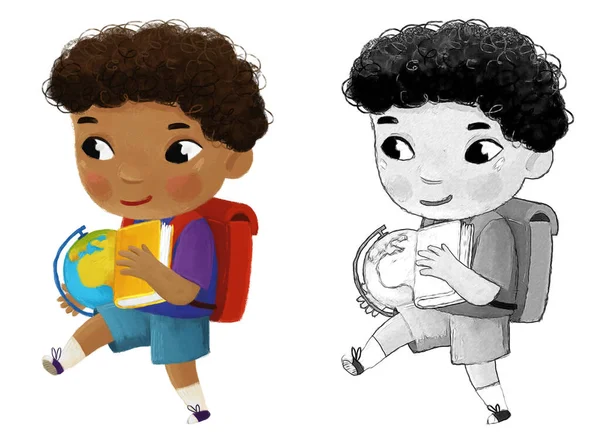 卡通人物 男童上学时带着全球学习儿童图解 — 图库照片