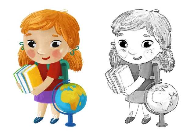 漫画の子供の女の子の生徒は子供のための地球の子供時代のイラストで学校に行く — ストック写真